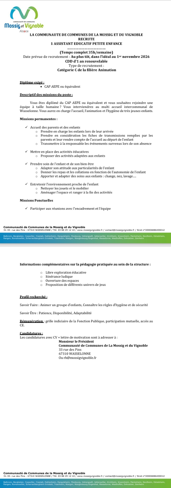 offre d'emploi assistant éducatif petite enfance